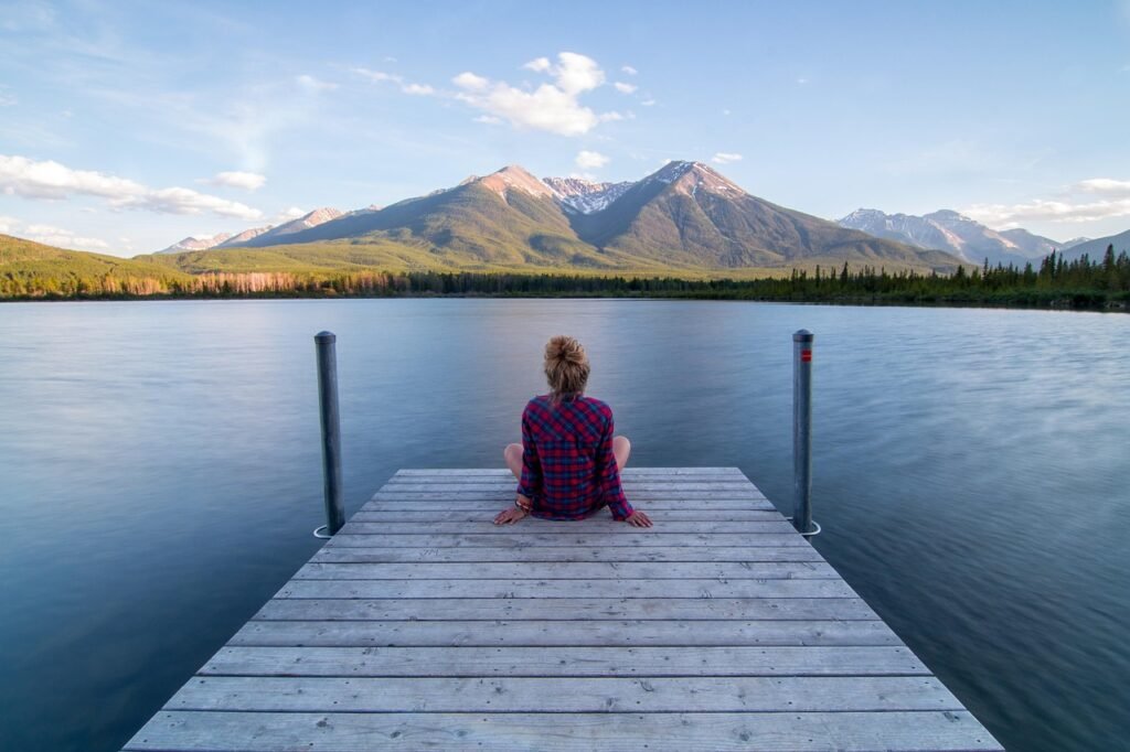 jetty, woman, sitting, relaxing, dock, lake, landscape, outdoors, person, scenery, serene, nature, calm, tranquil, girl, blue landscape, blue relax, blue calm, blue lake